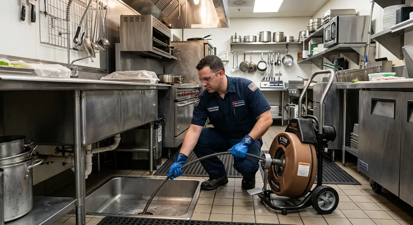 Commercial drain cleaning service in a restaurant kitchen in Hillsboro